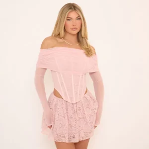 Bardot Long Sleeve Contrast Boned Corset Top In Pink Lace