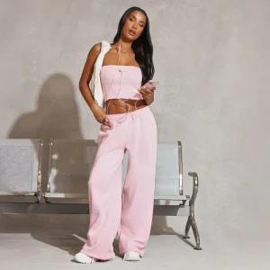 High Waist Wide Leg Embroidered Graphic Detail Joggers In Pink